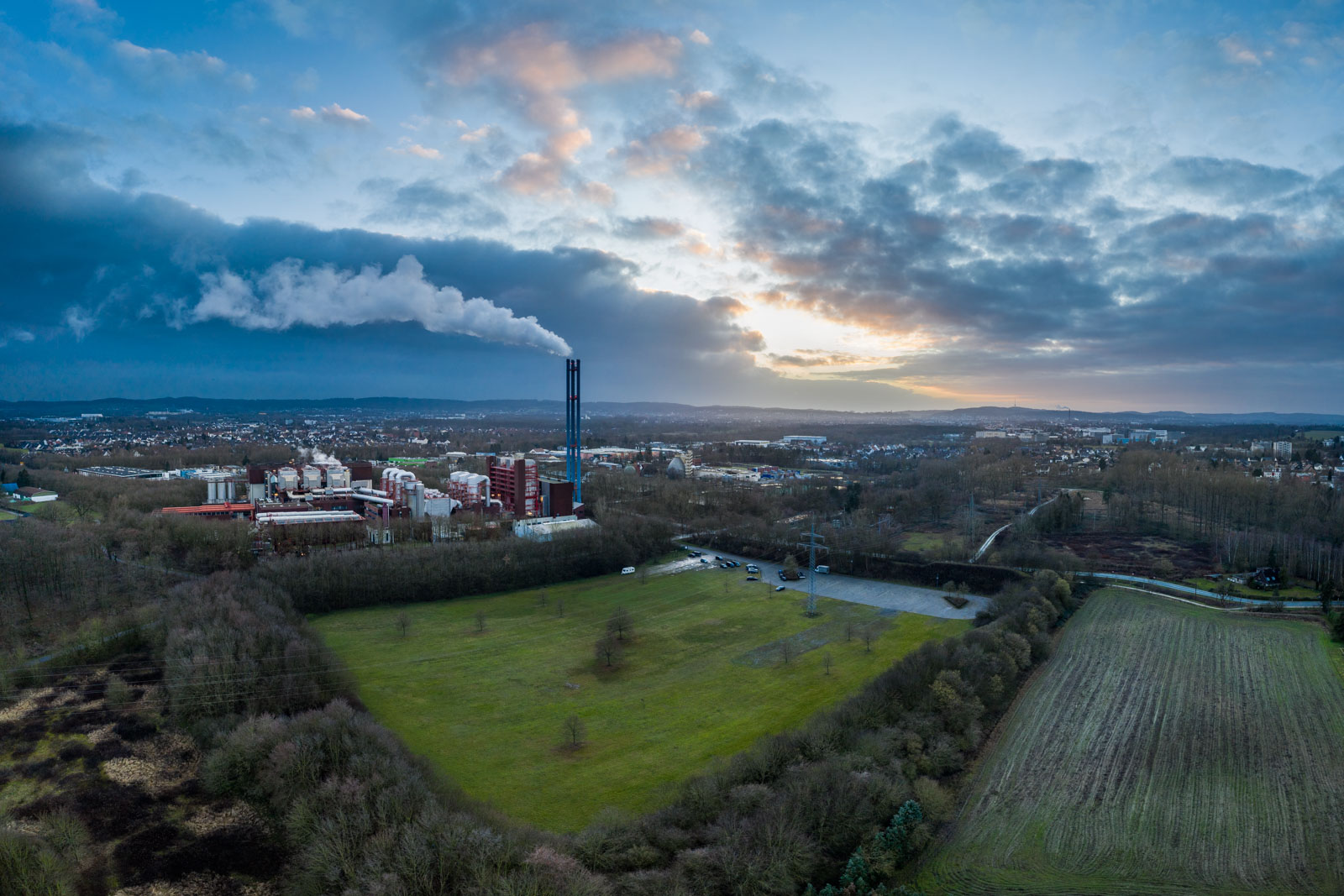 Sunset over the waste incineration plant in Bielefeld-Heepen (Germany).