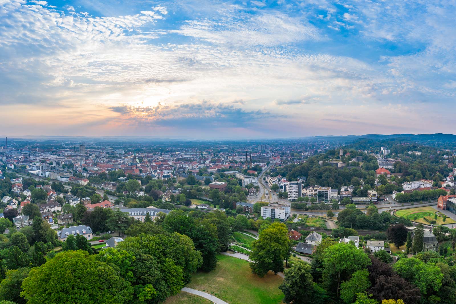 Sunrise over the city centre in August 2020 (Bielefeld, Germany).