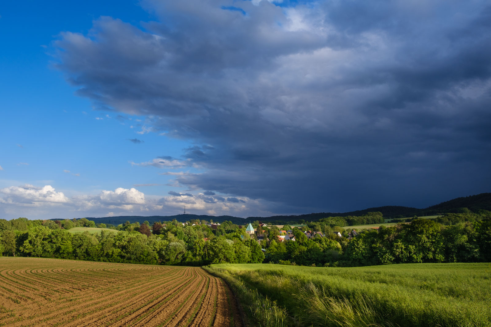 Rising thunderclouds over 'Krichdornberg' in May 2020 (Bielefeld, Germany).