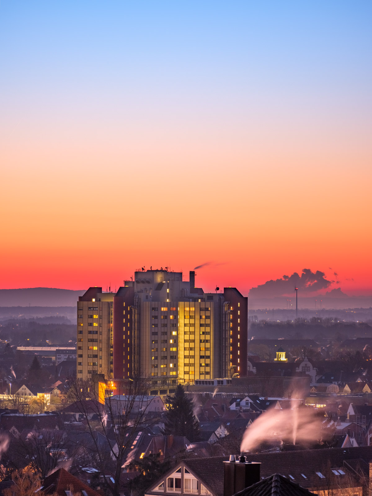 Central Hospital early in the morning at dawn before sunrise (Bielefeld, Germany).