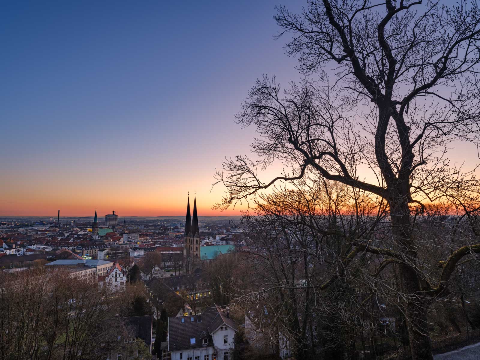 View over Bielefeld in the early morning from Sparrenburg Castle (Germany).