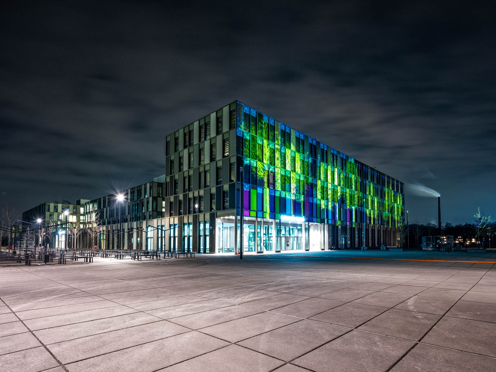 Illuminated building of the University of Applied Sciences Bielefeld on the occasion of its 50th anniversary (Germany).