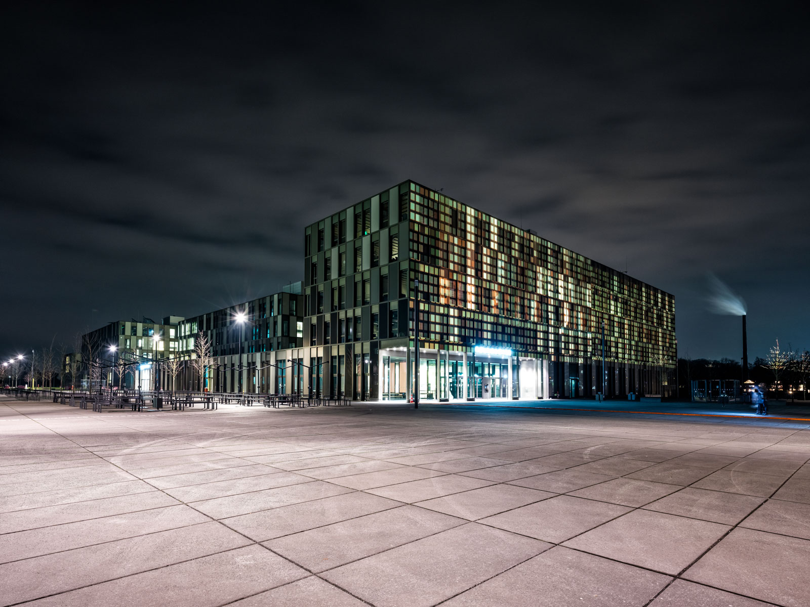 Illuminated building of the University of Applied Sciences Bielefeld on the occasion of its 50th anniversary (Germany).