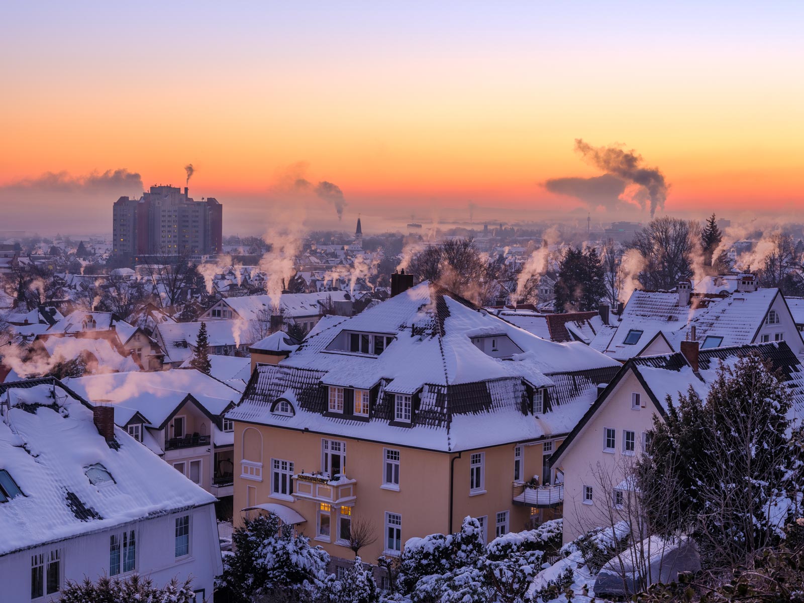 Early in the morning above the rooftops of Bielefeld on 13 February 2021 (Germany).