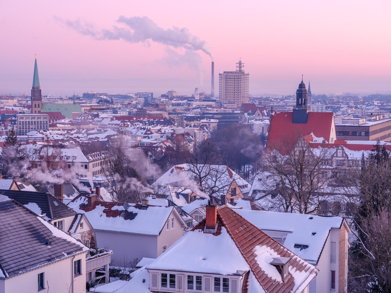 Early in the morning above the rooftops of Bielefeld on 13 February 2021 (Germany).