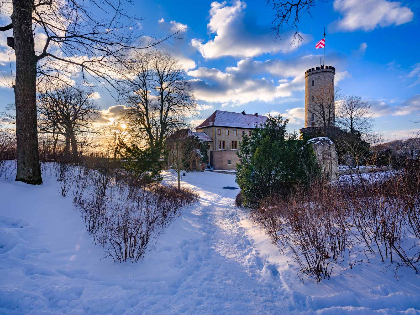 Late afternoon on 11 February 2021 at the 'Sparrenburg' (Bielefeld, Germany).