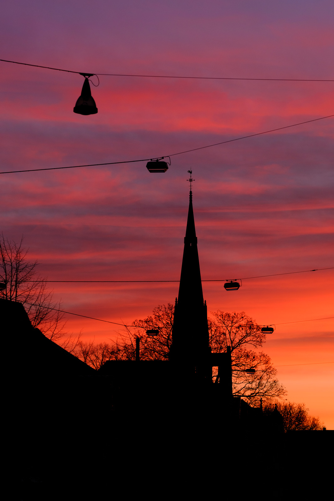 Tower of the Pauluskirche (St Paul's Church) at dawn on 21 February 2021 (Bielefeld, Germany).