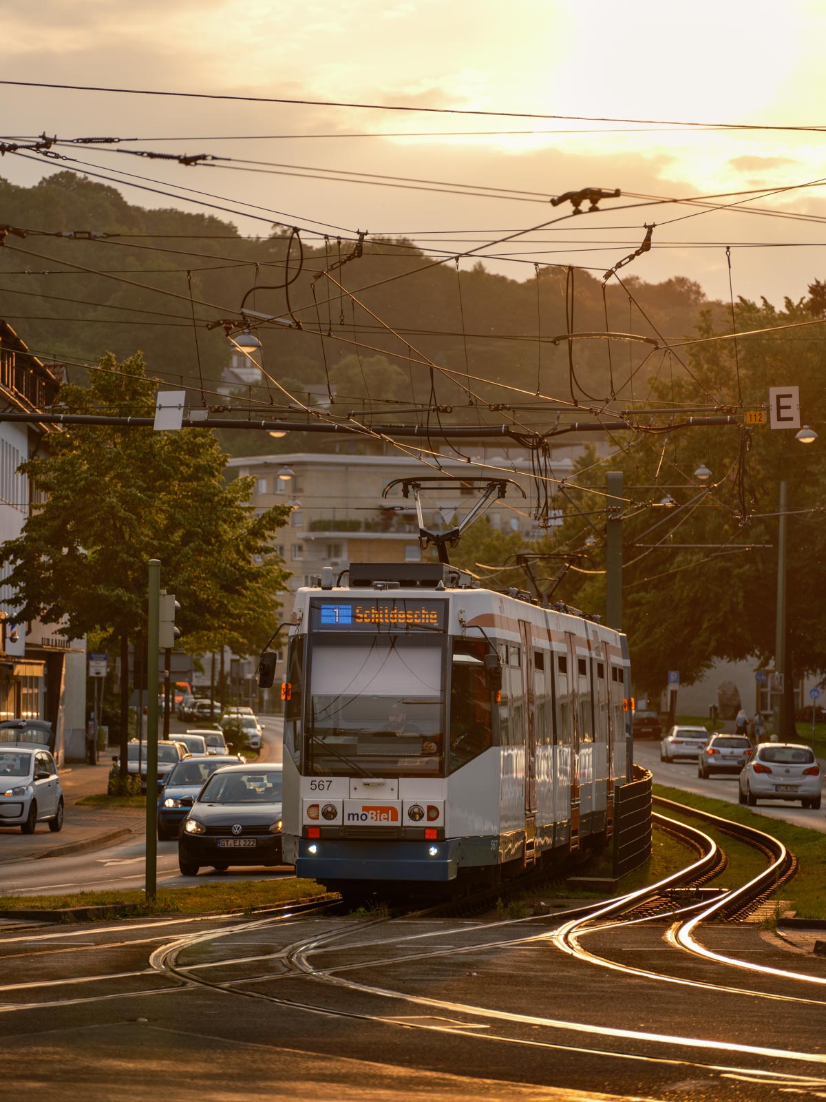 Tram on the Kreuzstraße in July 2021 (Bielefeld, Germany).