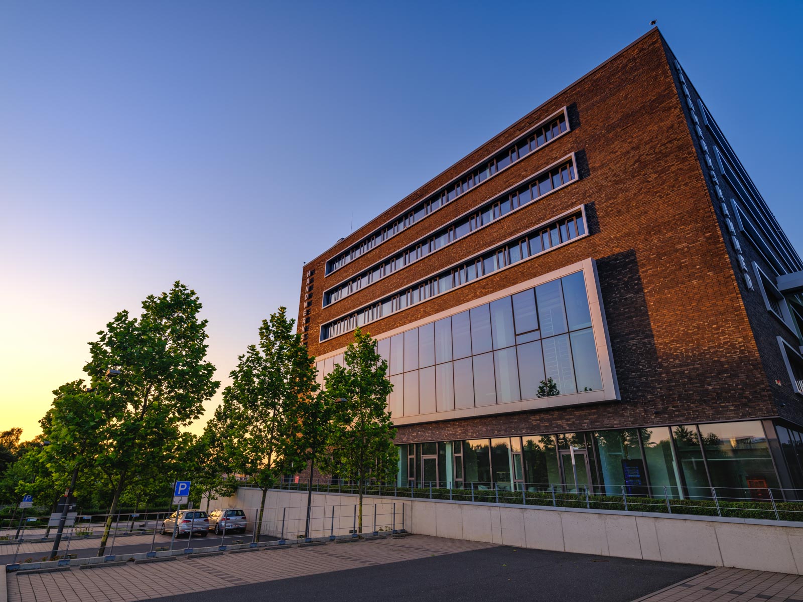 Building of the 'Campus Handwerk' at dusk in July 2021 (Bielefeld, Germany).