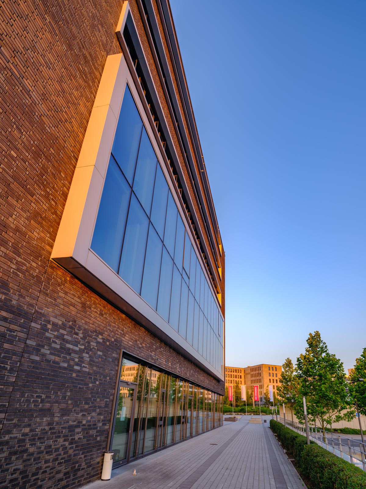 Building of the 'Campus Handwerk' at dusk in July 2021 (Bielefeld, Germany).