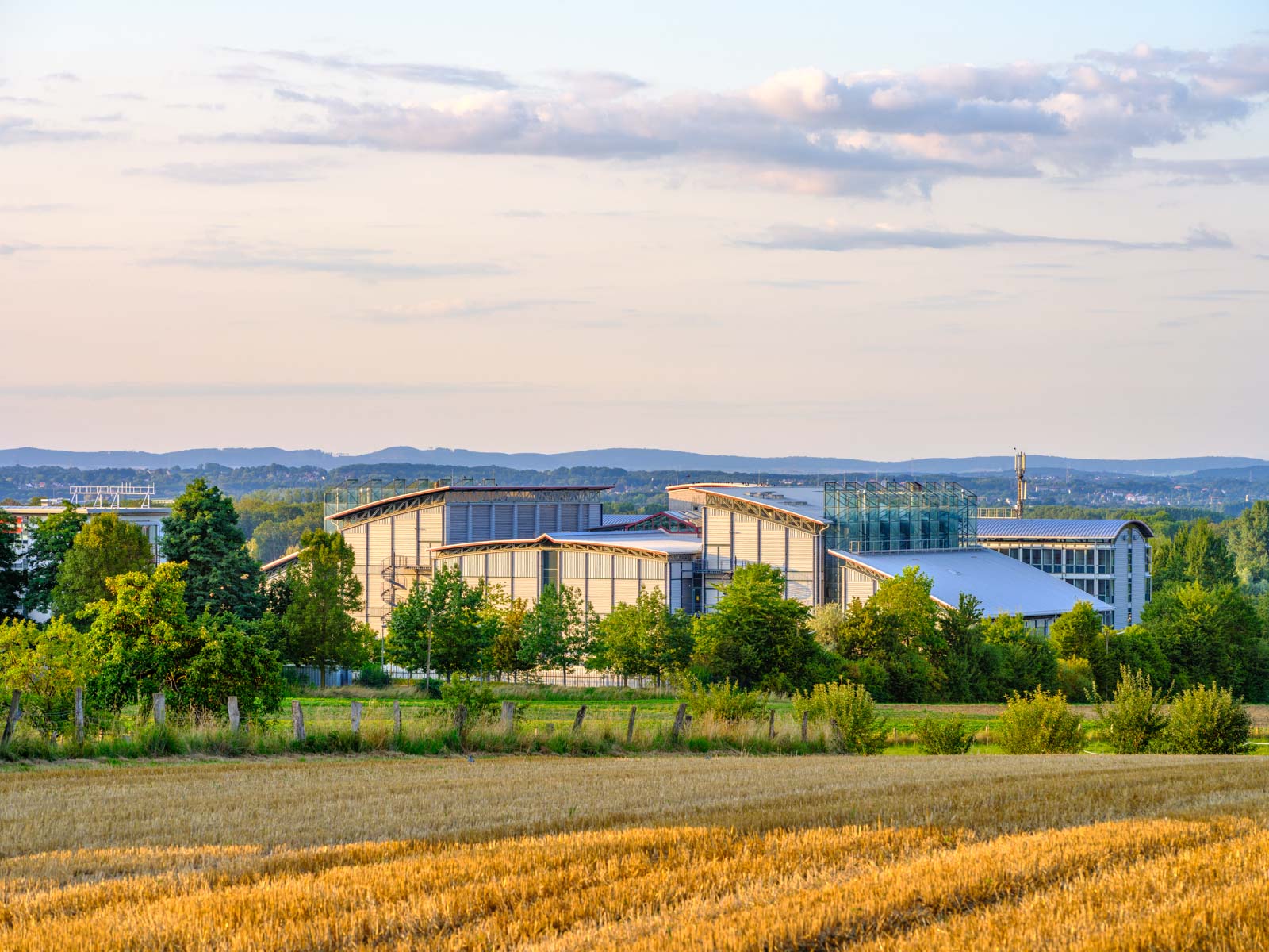 T-Systems building in the evening light in August 2021 (Bielefeld-Stieghorst, Germany).