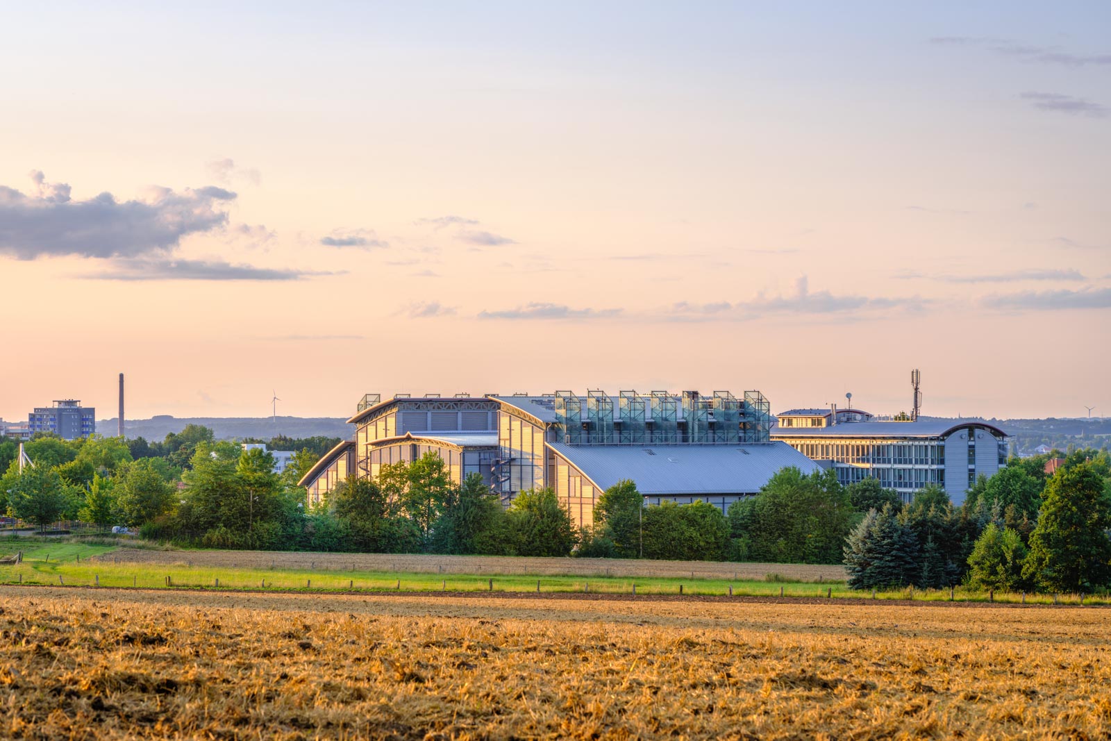 T-Systems building in the evening light in August 2021 (Bielefeld-Stieghorst, Germany).