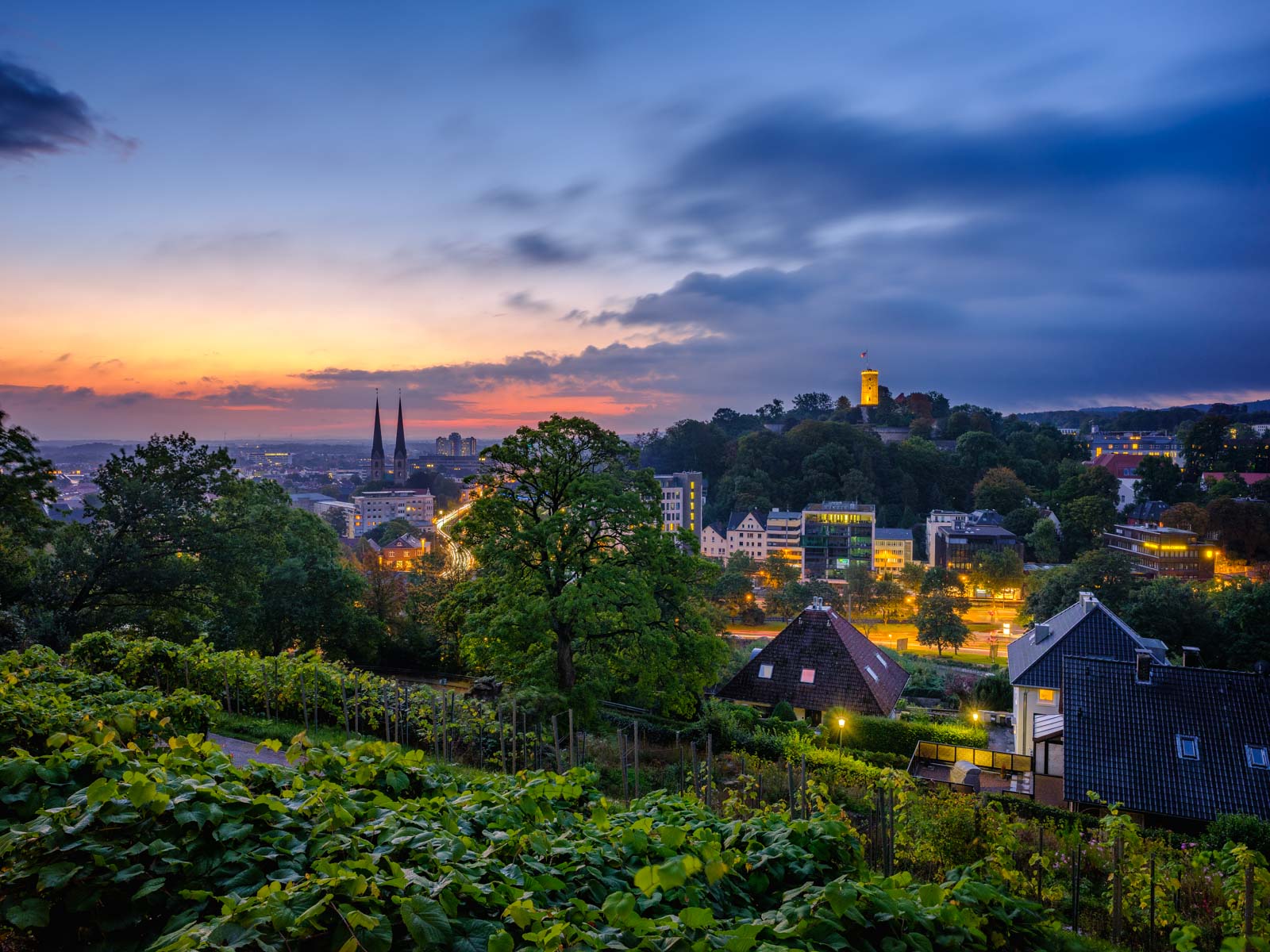 Bielefeld at dawn in late September 2021 photographed from the 'Johannisberg' (Germany).