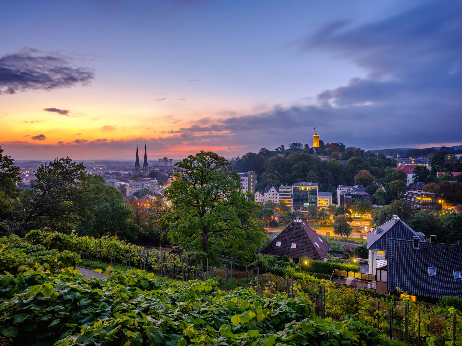 Bielefeld at dawn in late September 2021 photographed from the 'Johannisberg' (Germany).