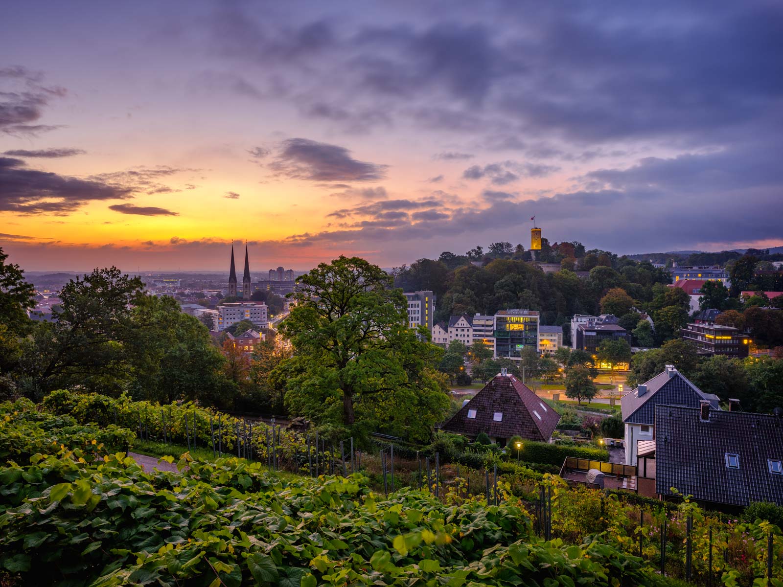 Bielefeld at dawn in late September 2021 photographed from the 'Johannisberg' (Germany).