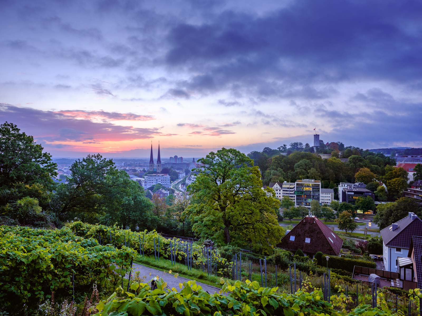 Bielefeld at sunrise in late September 2021 photographed from the 'Johannisberg' (Germany).