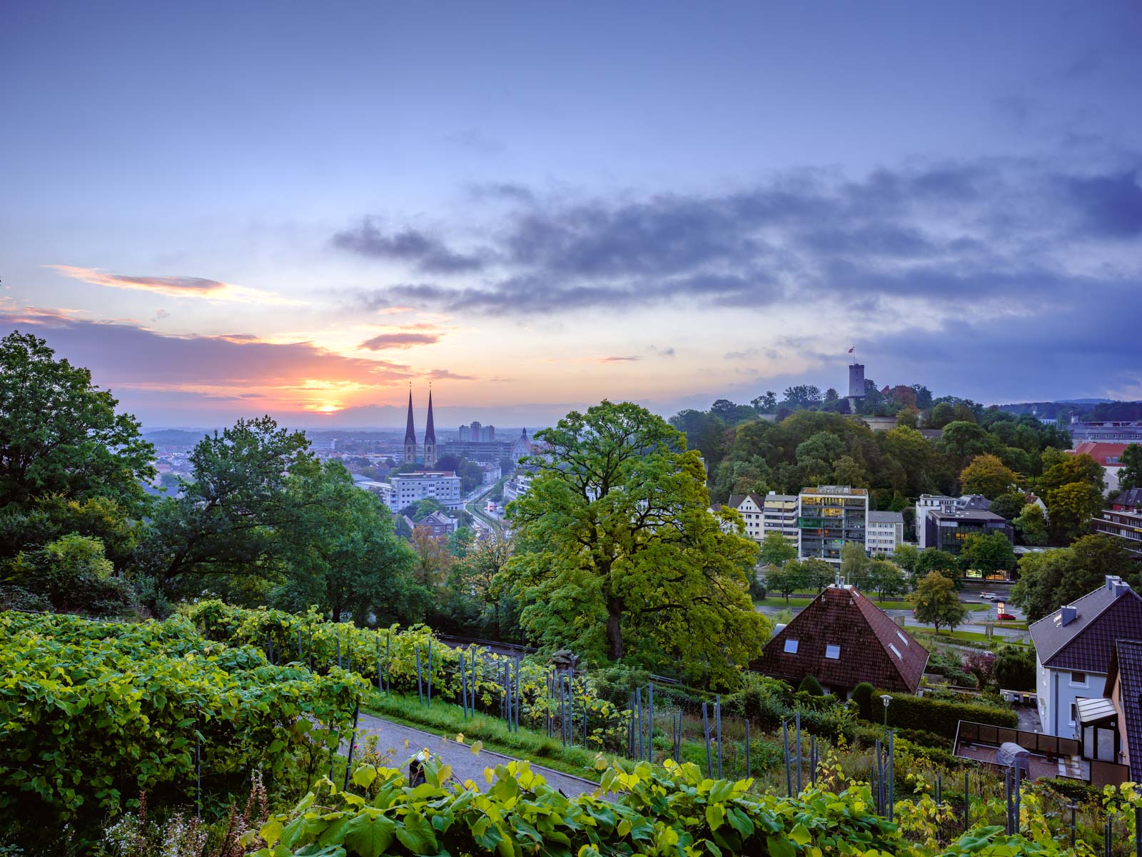 Bielefeld at sunrise in late September 2021 photographed from the 'Johannisberg' (Germany).