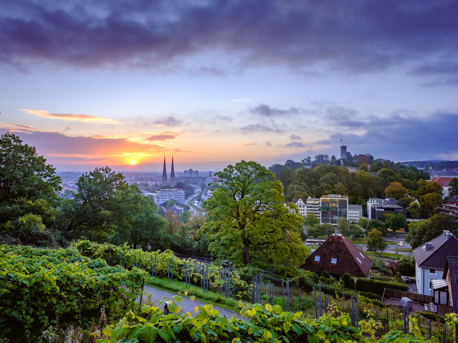 Bielefeld at sunrise in late September 2021 photographed from the 'Johannisberg' (Germany).