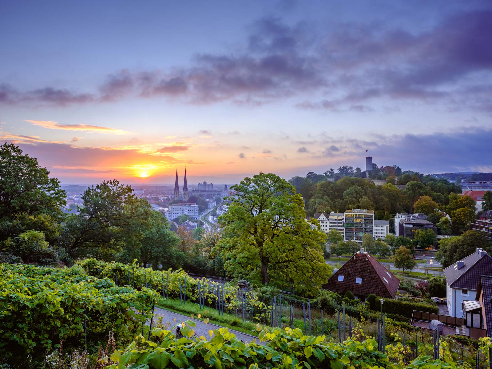 Bielefeld at sunrise in late September 2021 photographed from the 'Johannisberg' (Germany).