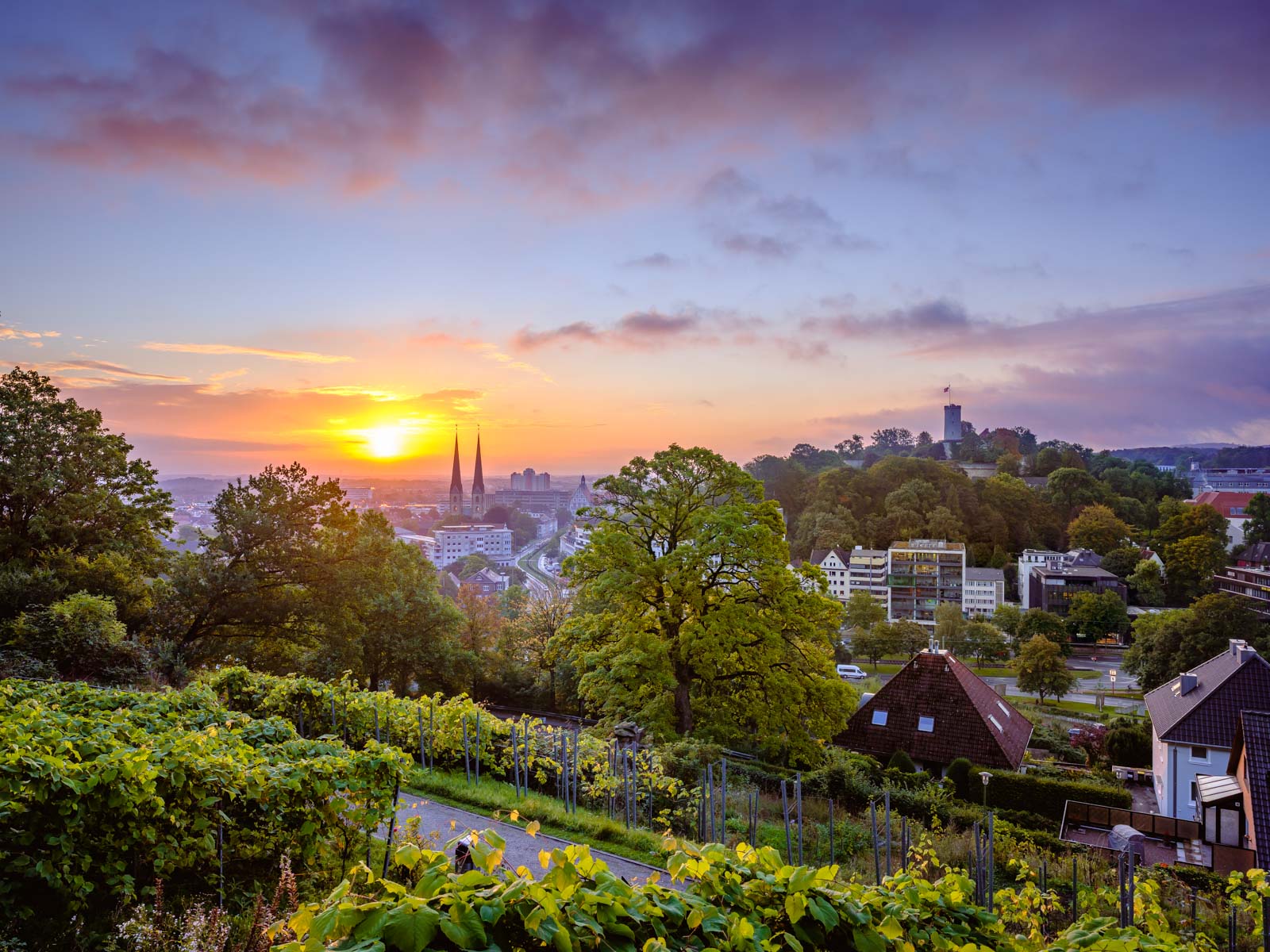 Bielefeld at sunrise in late September 2021 photographed from the 'Johannisberg' (Germany).