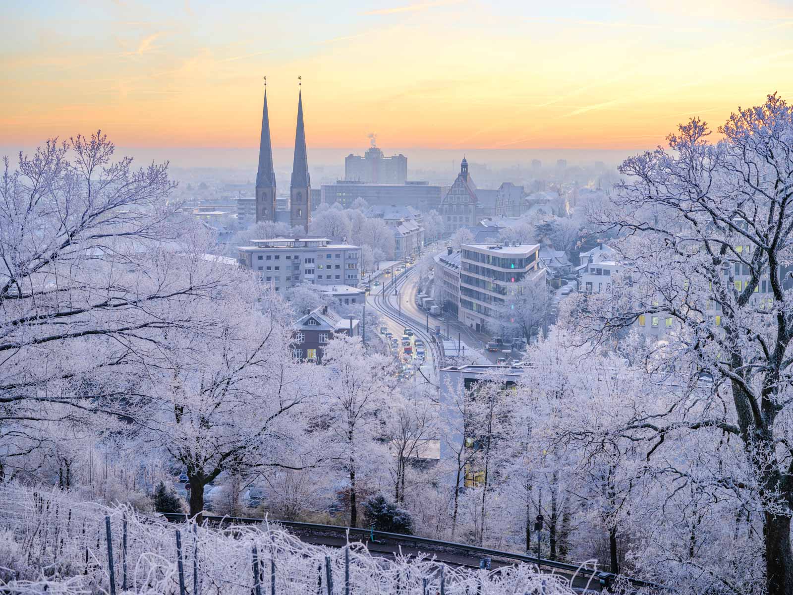 View of the 'Kreuzstraße' and the southern city center in December 2021 (Bielefeld, Germany).