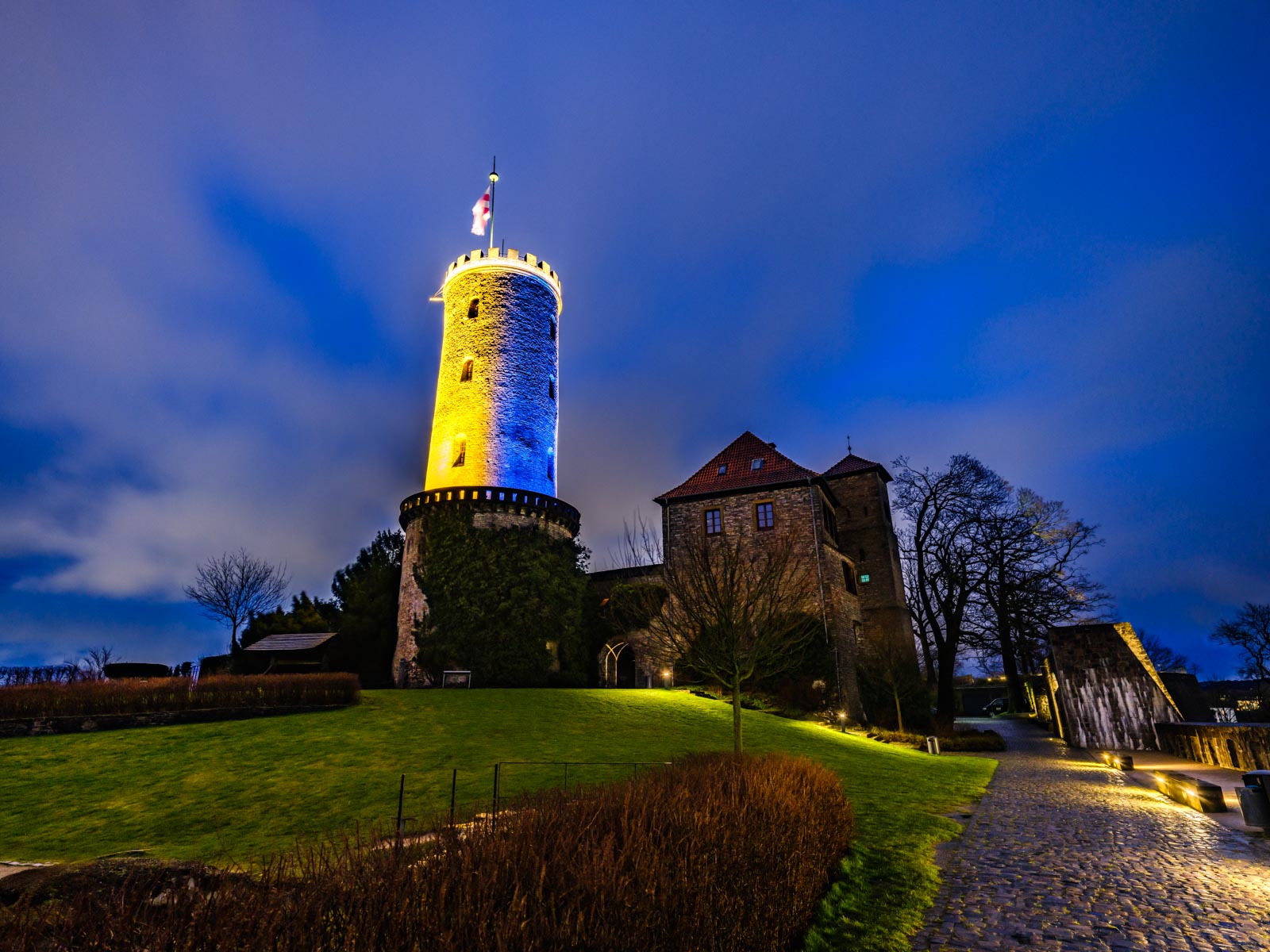 Sparrenburg castle in the evening of February 24, 2022 (Bielefeld, Germany).